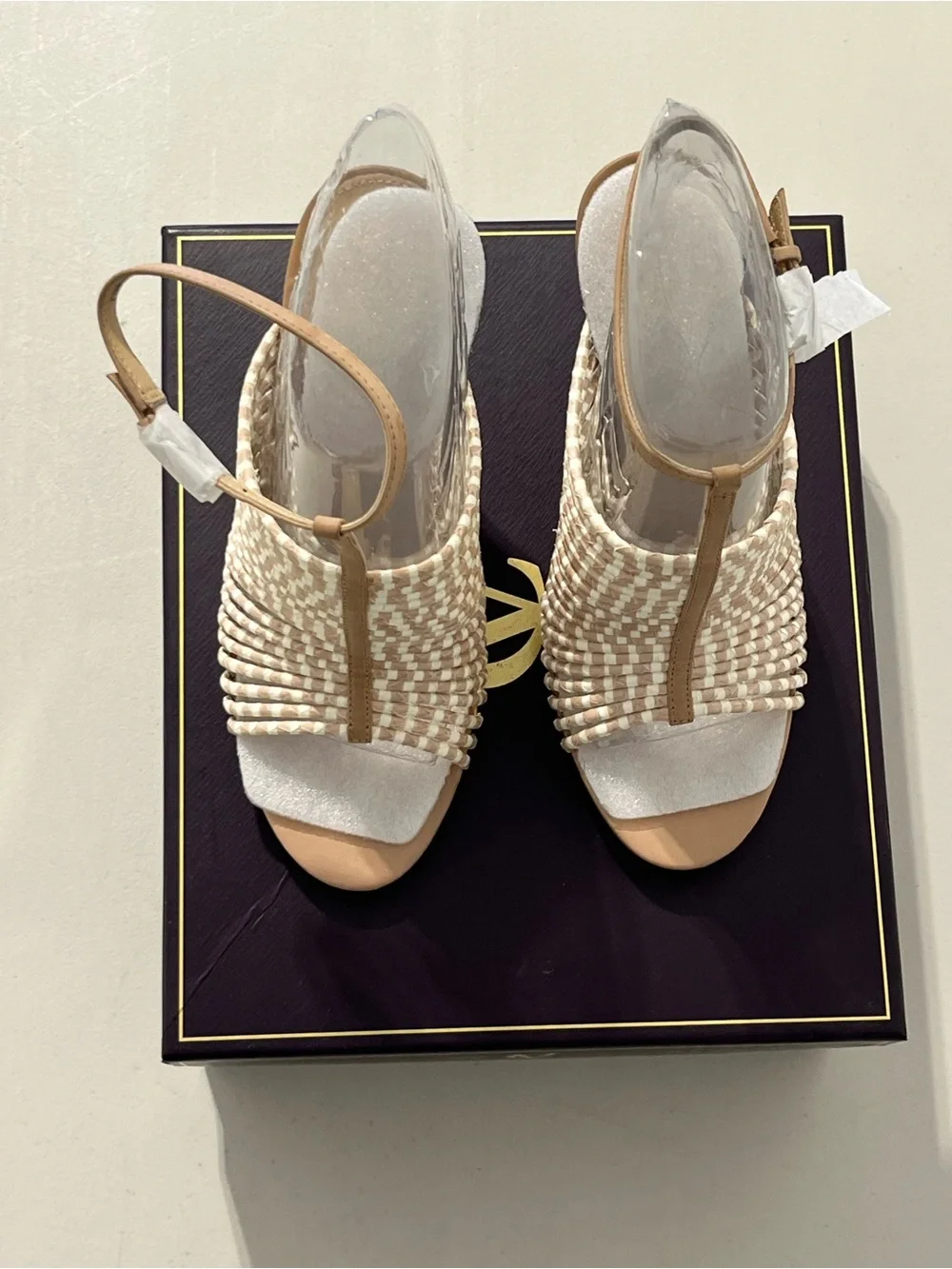 Vince Camuto Woven Ivory and Tan High Heel Sandals